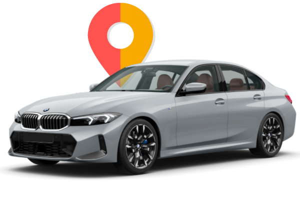 BMW sedan prata com ícone de localização GPS - Sistema de rastreamento veicular Paranátrack em tempo real