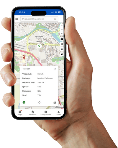 Aplicativo Paranátrack exibindo mapa de rastreamento veicular em tempo real com detalhes de localização, velocidade e status do veículo